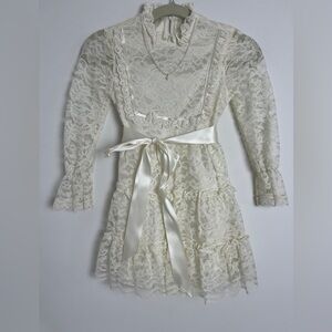Vintage Girl's First Communion Cream Tiered All Lace Attached Necklace Dress S/M